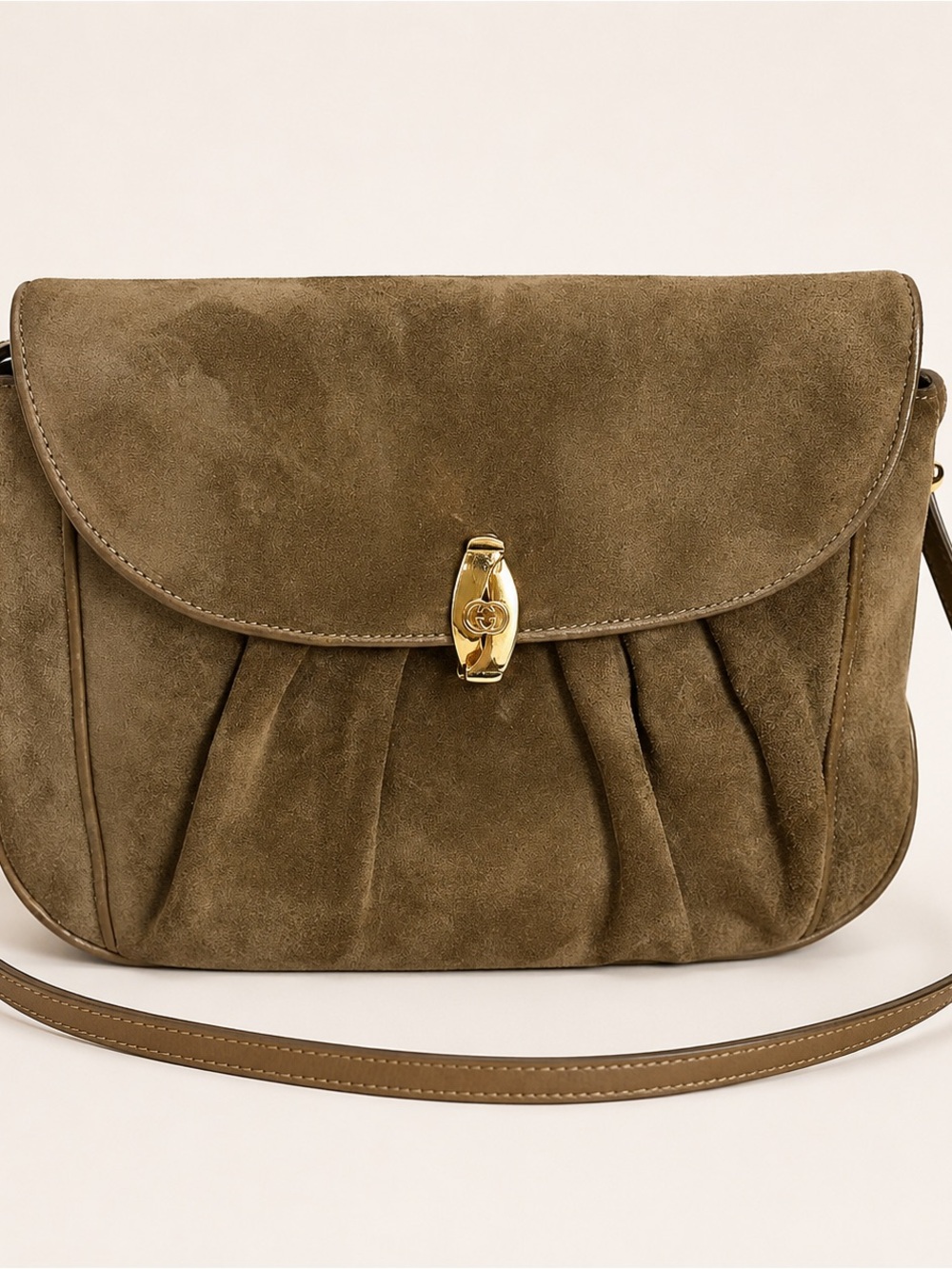 Vintage Gucci Brown Suede Crossbody Bag with Gold-Tone GG Clasp Made in Italy